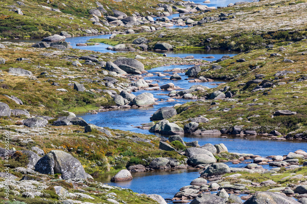 Photograph of a river flowing through the Snowy Mountains in Australia ...