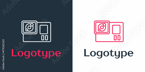 Logotype line Action extreme camera icon isolated on white background. Video camera equipment for filming extreme sports. Logo design template element. Vector