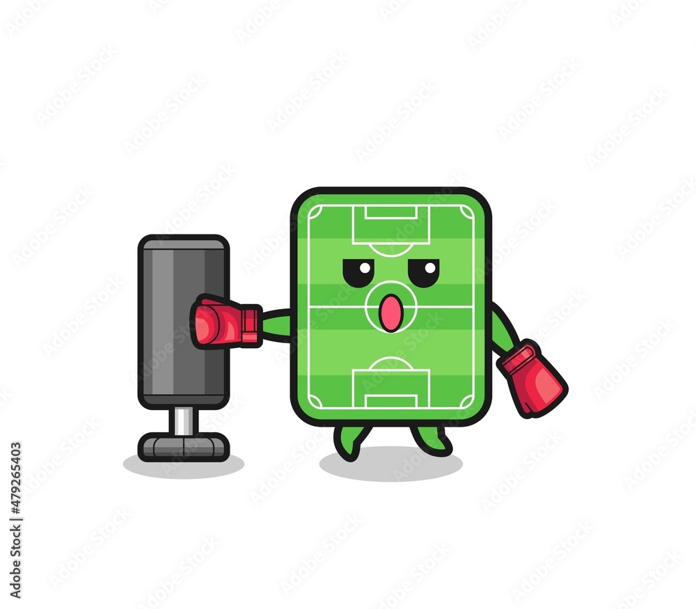 football field boxer cartoon doing training with punching bag football field boxer cartoon doing training with punching bag