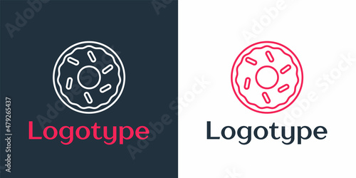 Logotype line Donut with sweet glaze icon isolated on white background. Logo design template element. Vector