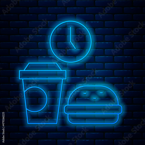 Glowing neon line Fast food time icon isolated on brick wall background. Vector