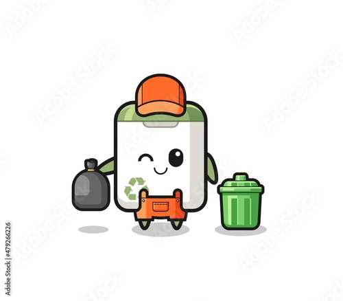 the mascot of cute trash can as garbage collector