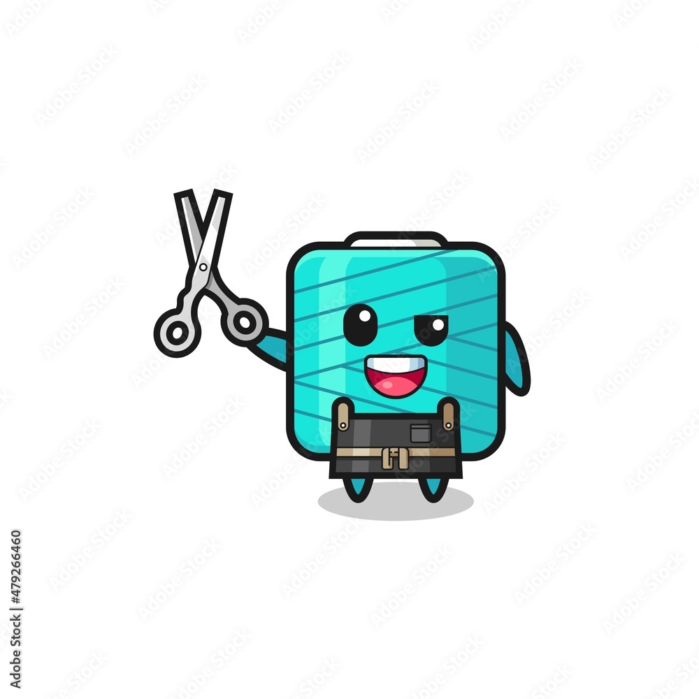 yarn spool character as barbershop mascot