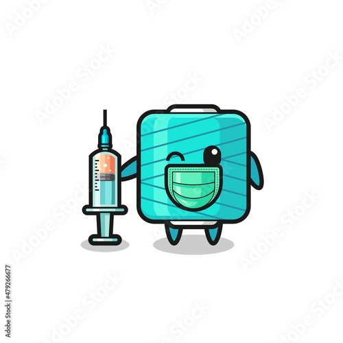 yarn spool mascot as vaccinator