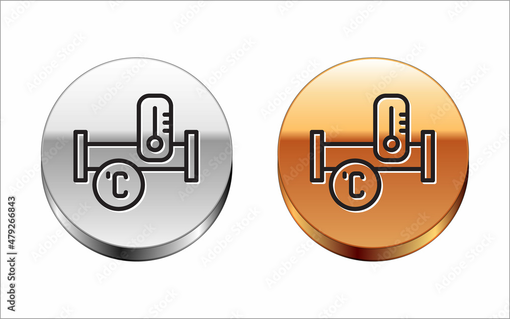 Black line Industry metallic pipe and temperature icon isolated on white background. Plumbing pipeline parts of different shapes. Silver-gold circle button. Vector Black line Industry metallic pipe and temperature icon isolated on white background. Plumbing pipeline parts of different shapes. Silver-gold circle button. Vector