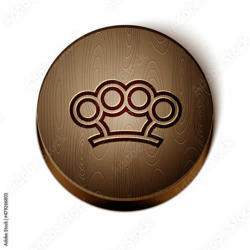 Brown line Brass knuckles icon isolated on white background. Wooden circle button. Vector