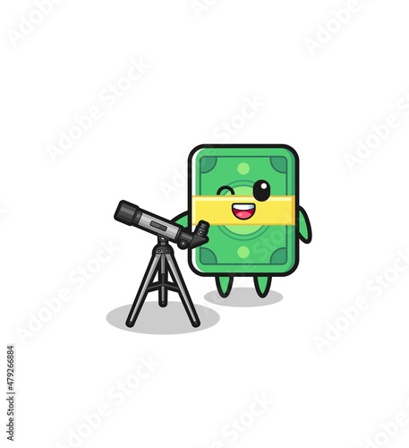 money astronomer mascot with a modern telescope