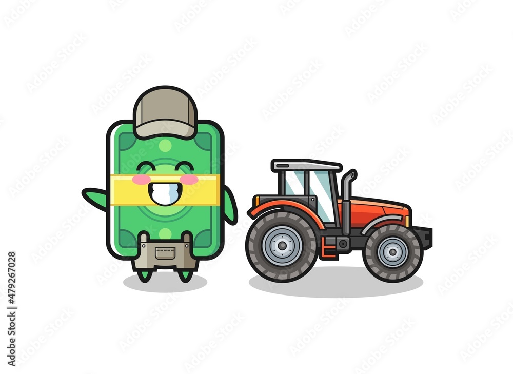 the money farmer mascot standing beside a tractor the money farmer mascot standing beside a tractor