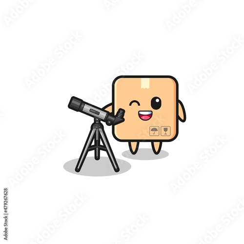 cardboard box astronomer mascot with a modern telescope