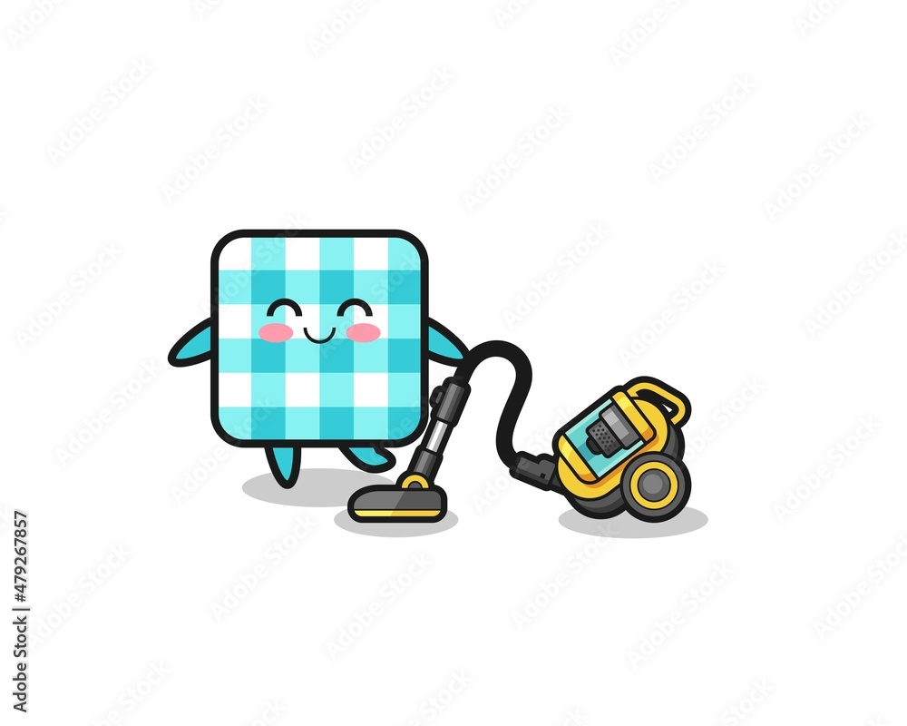 cute checkered tablecloth holding vacuum cleaner illustration