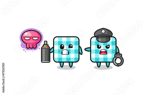 checkered tablecloth cartoon doing vandalism and caught by the police