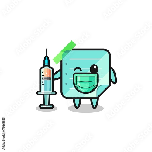 blue sticky notes mascot as vaccinator