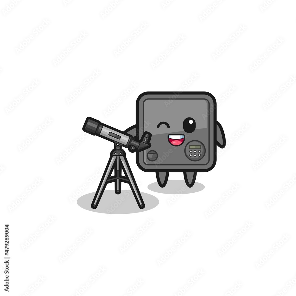 safe box astronomer mascot with a modern telescope safe box astronomer mascot with a modern telescope