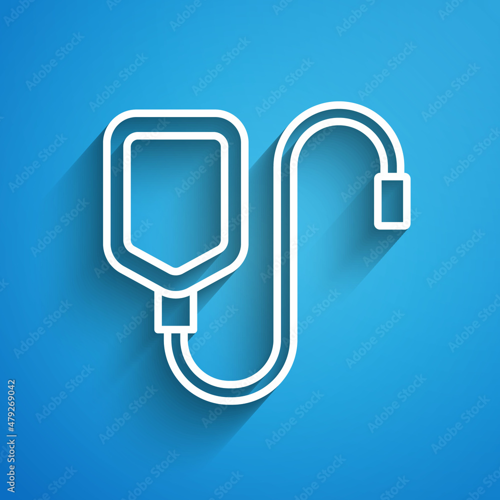White line IV bag icon isolated on blue background. Blood bag. Donate blood concept. The concept of treatment and therapy, chemotherapy. Long shadow. Vector White line IV bag icon isolated on blue background. Blood bag. Donate blood concept. The concept of treatment and therapy, chemotherapy. Long shadow. Vector