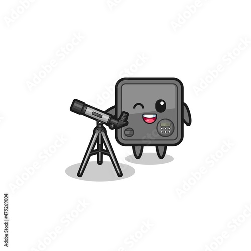 safe box astronomer mascot with a modern telescope