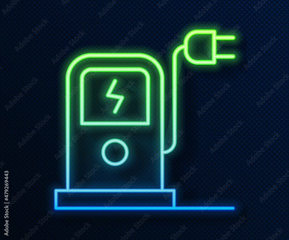 Glowing neon line Electric car charging station icon isolated on blue background. Eco electric fuel pump sign. Vector