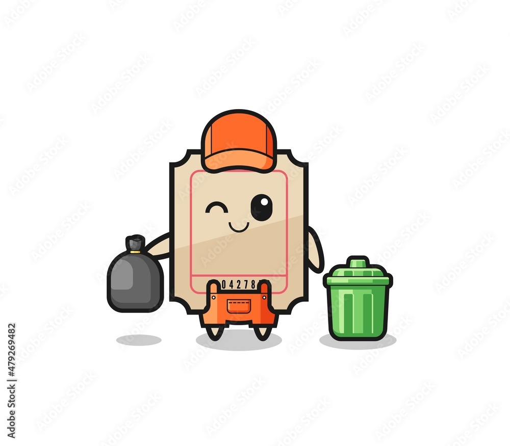the mascot of cute ticket as garbage collector