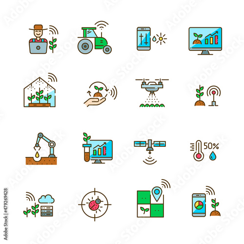Smart farming icons set. Farmer using internet of things, drones and robots for precise farming. Pixel perfect, editable stroke colorful icons