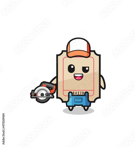 the woodworker ticket mascot holding a circular saw