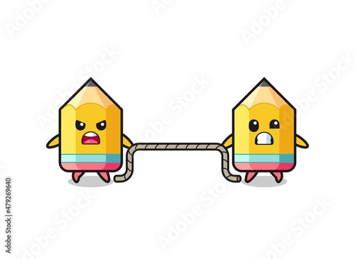 cute pencil character is playing tug of war game