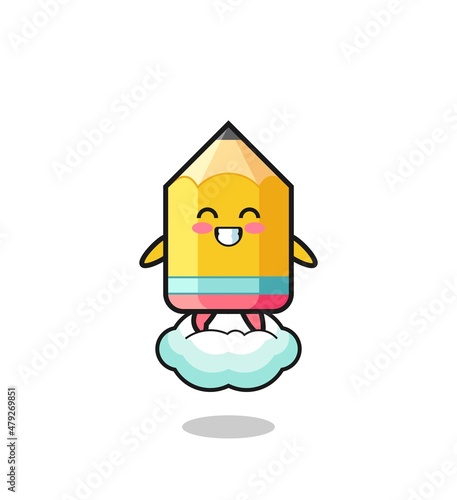 cute pencil illustration riding a floating cloud