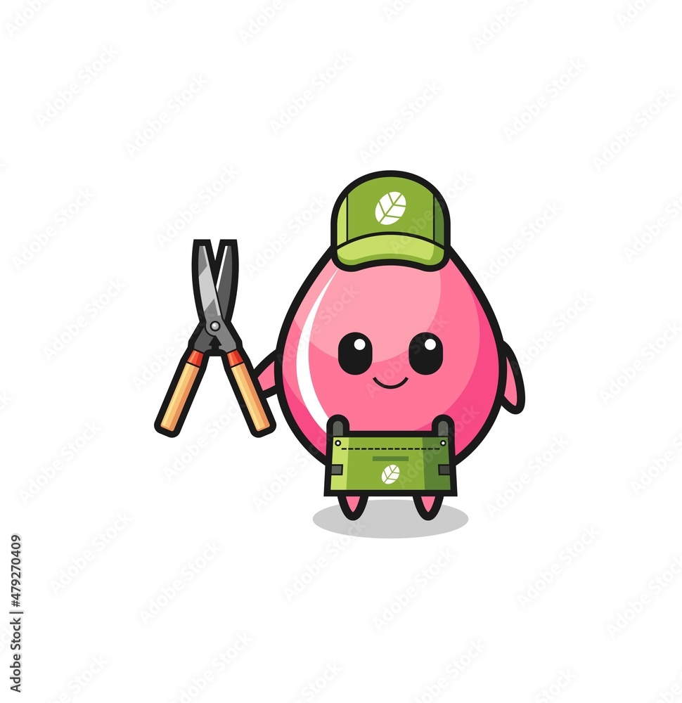 cute strawberry juice drop as gardener mascot cute strawberry juice drop as gardener mascot