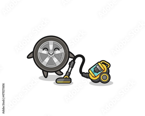cute car wheel holding vacuum cleaner illustration