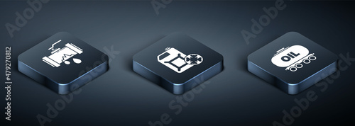 Set Isometric Broken metal pipe with leaking water, Oil railway cistern and Antifreeze canister icon. Vector