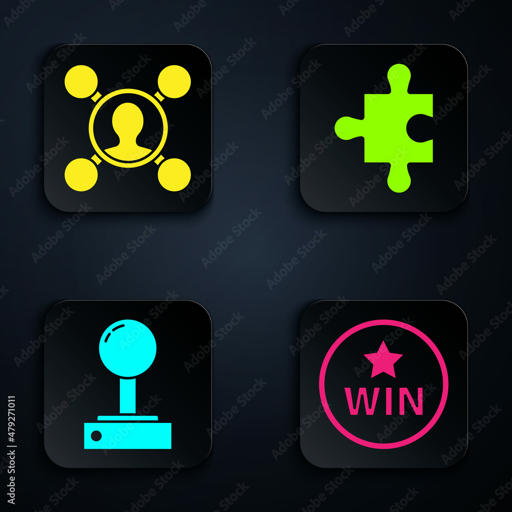Set Medal, Share, Joystick for arcade machine and Piece of puzzle. Black square button. Vector Set Medal, Share, Joystick for arcade machine and Piece of puzzle. Black square button. Vector