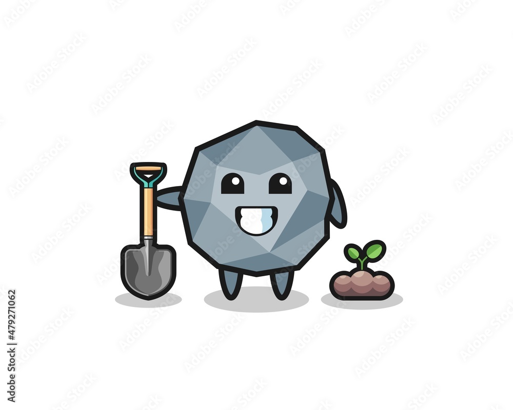 cute stone cartoon is planting a tree seed