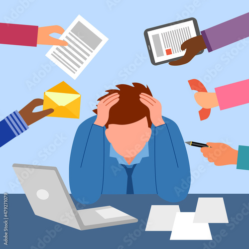 Businessman work hard and busy at office in flat design. Company employee working overtime with stress.