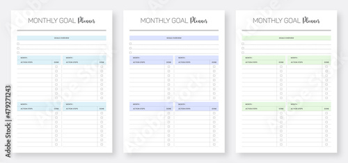 Monthly Goal Planner Template Set. Set of Goals Planner Template Design. Minimalist planner template set collection.