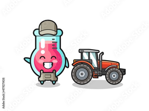 the laboratory beaker farmer mascot standing beside a tractor