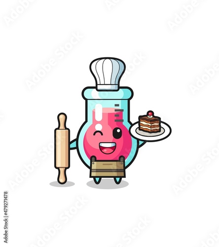 laboratory beaker as pastry chef mascot hold rolling pin