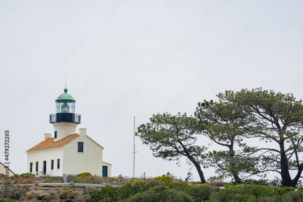 Overcast view of the famous Old Point Loma Lighthouse