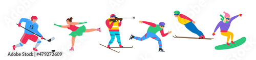 winter sports athletes men and women set hockey player figure skating biathlon ski jumping snowboarding vector illustration