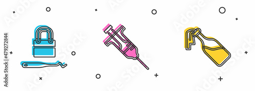 Set Lock picks for lock picking, Syringe and Cocktail molotov icon. Vector