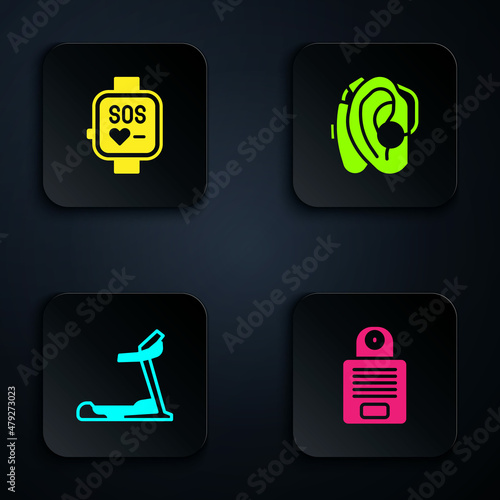Set Intercom, Smart watch, Treadmill machine and Hearing aid. Black square button. Vector