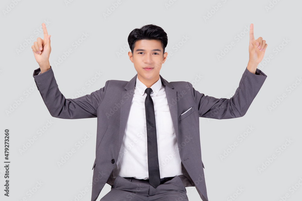 Portrait young asian business man pointing and presenting isolated on white background, advertising and marketing, executive and manager, male confident showing success, expression and emotion. Portrait young asian business man pointing and presenting isolated on white background, advertising and marketing, executive and manager, male confident showing success, expression and emotion.