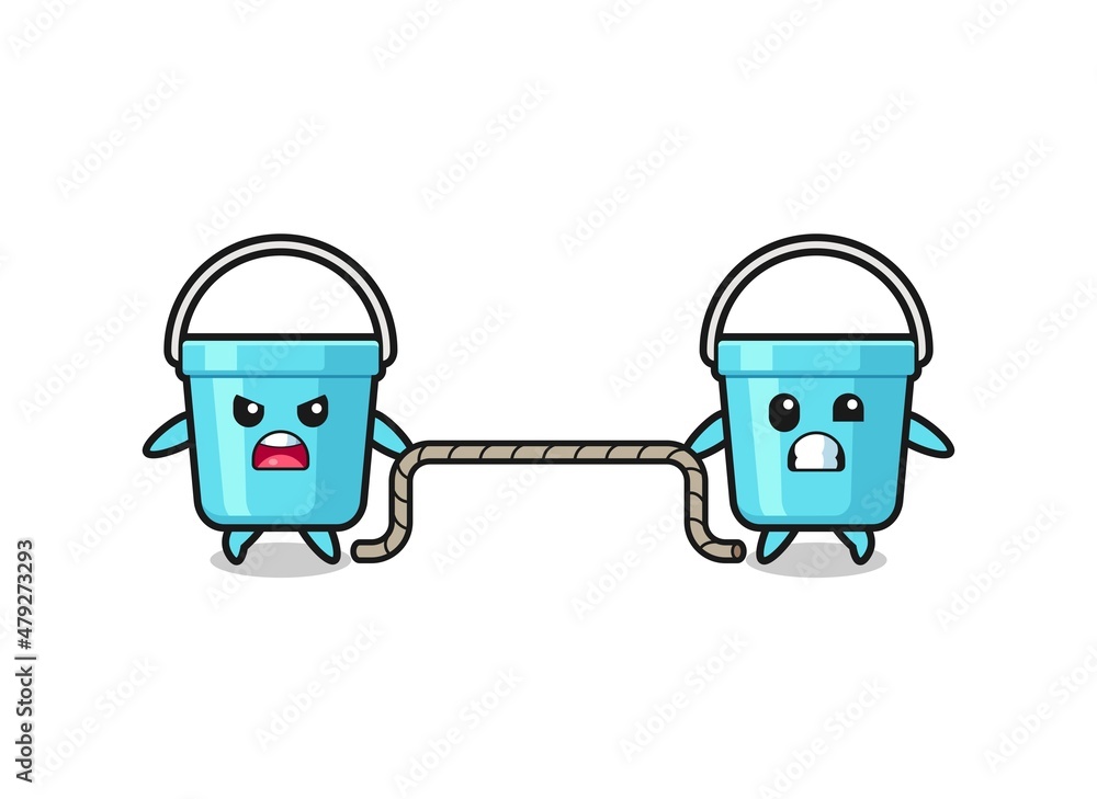 cute plastic bucket character is playing tug of war game. cute plastic bucket character is playing tug of war game.
