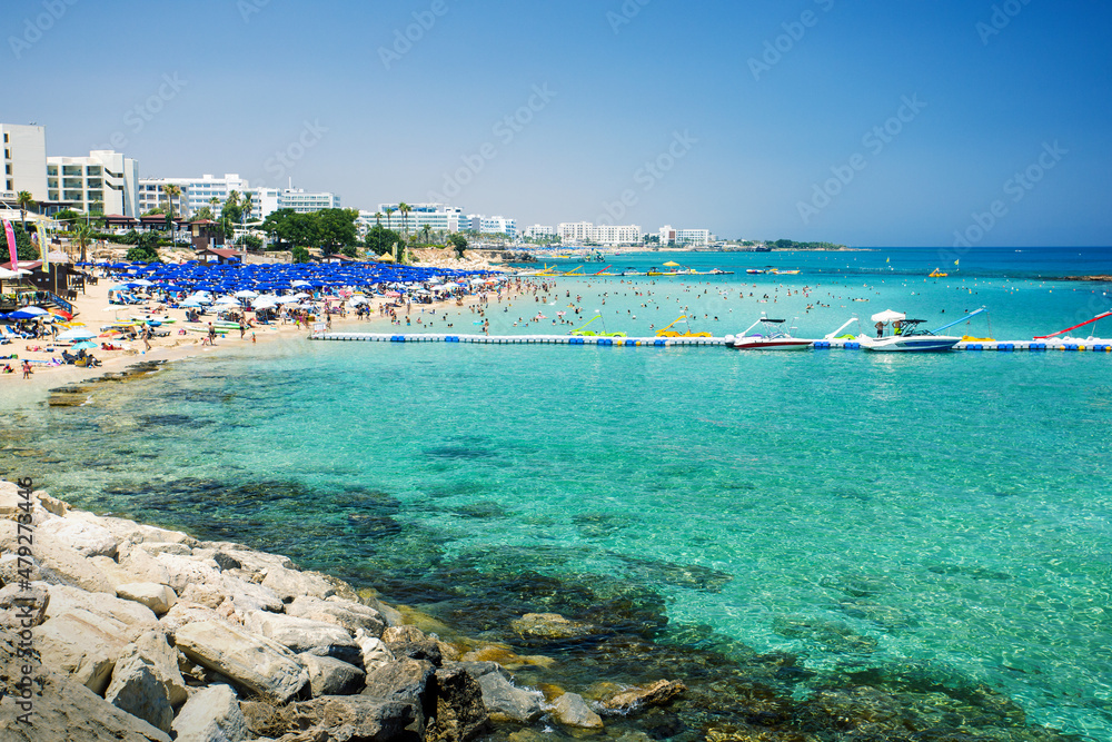 View of the beach of Fig Tree Bay, resort village of Protaras in Cyprus. Summer vacation.