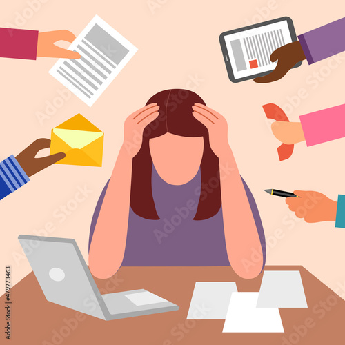 Businesswoman work hard and busy at office in flat design. Company employee working overtime with stress.