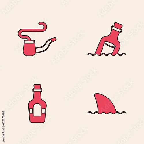 Set Shark fin in ocean wave, Smoking pipe, Bottle with message water and Alcohol drink Rum icon. Vector