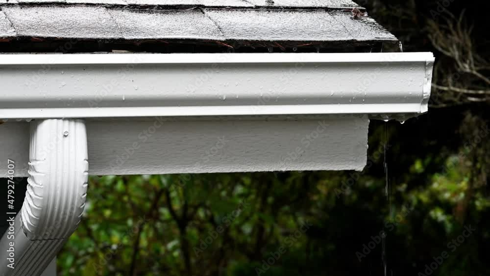 Vídeo do Stock Rainwater running down an asphalt shingle roof and running into a white gutter
