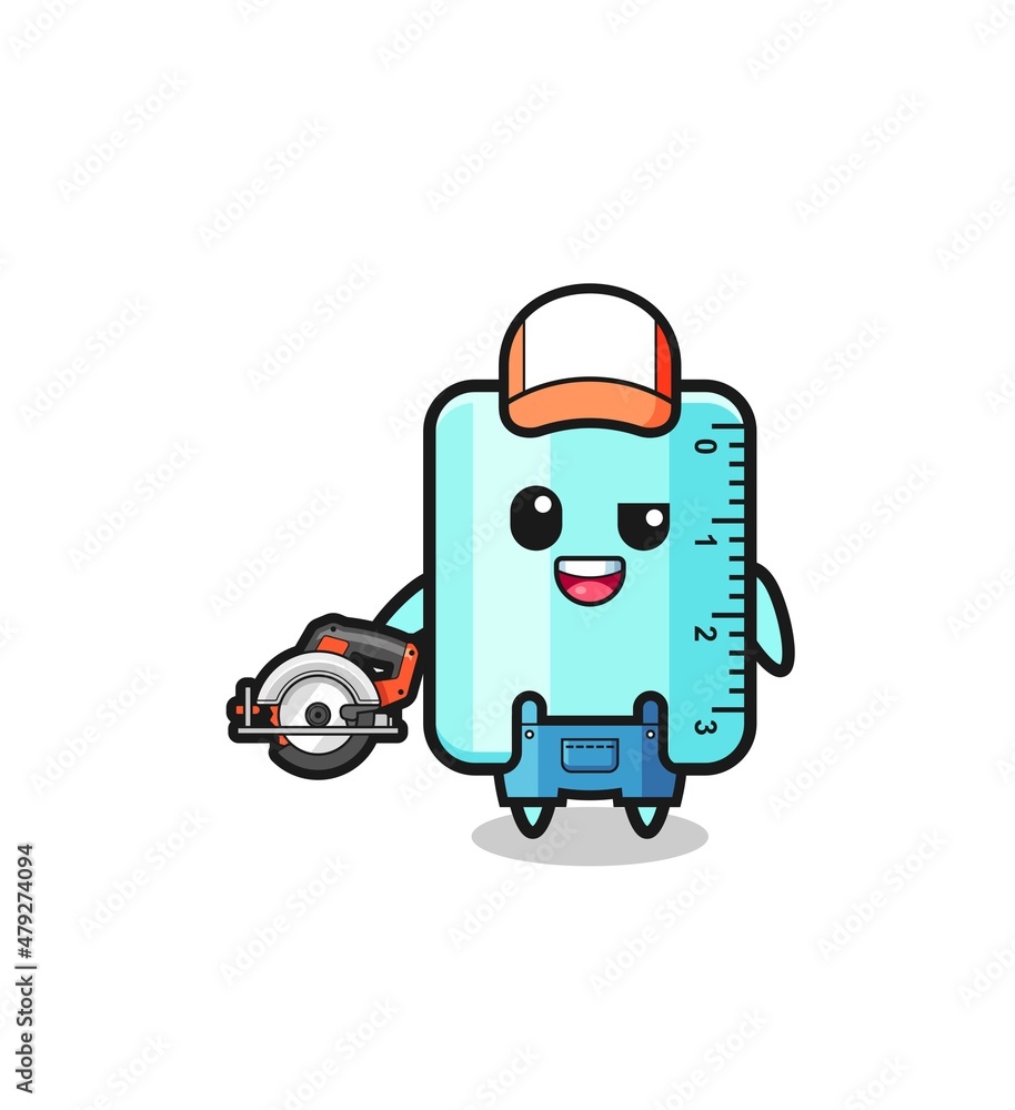 the woodworker ruler mascot holding a circular saw the woodworker ruler mascot holding a circular saw