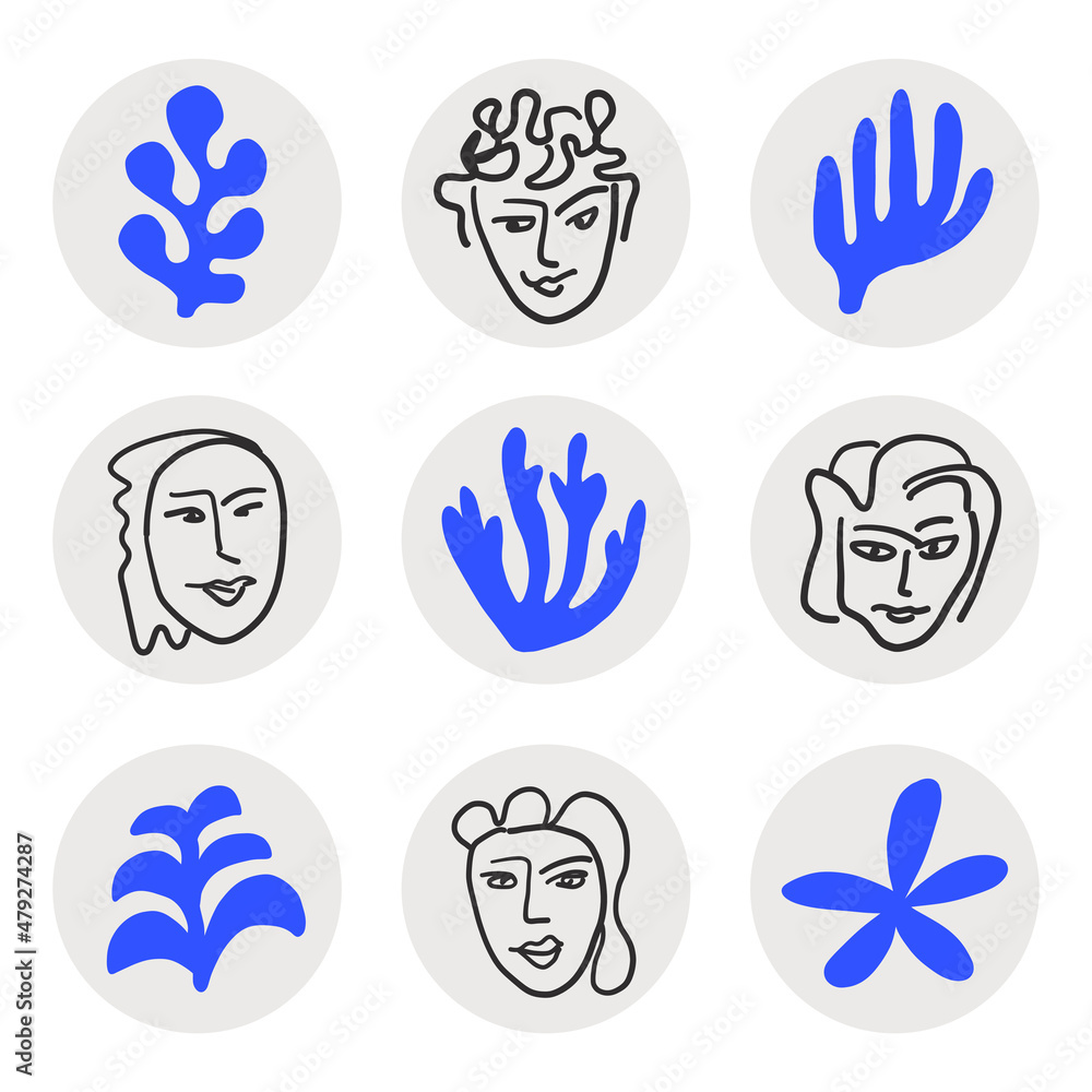 A collection of round social media highlight icons. Minimalist contemporary design of female faces representing beauty, style, and fashion. Created from hand drawn design inspired by Matisse. A collection of round social media highlight icons. Minimalist contemporary design of female faces representing beauty, style, and fashion. Created from hand drawn design inspired by Matisse.