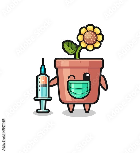 sunflower pot mascot as vaccinator
