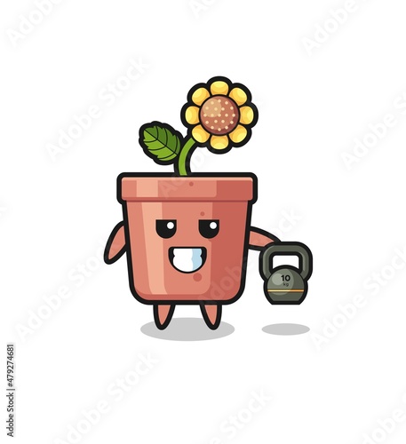 sunflower pot mascot lifting kettlebell in the gym