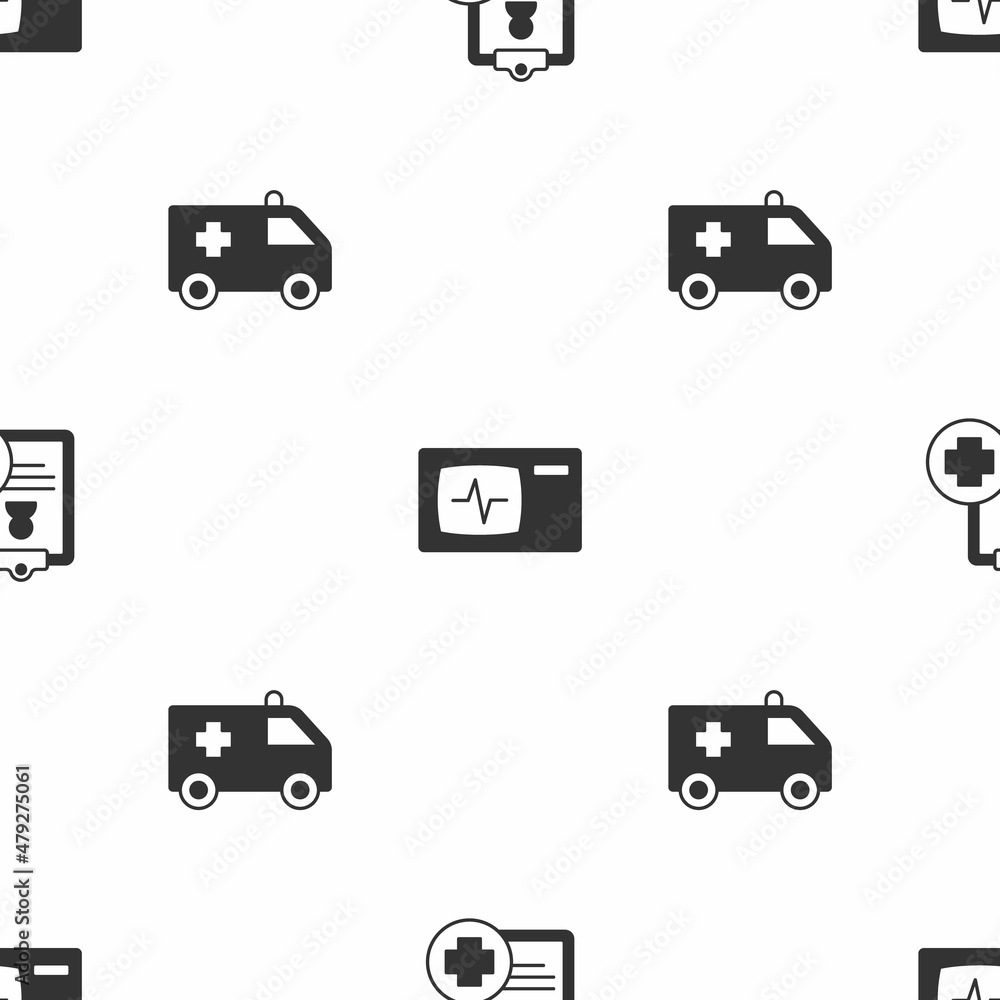 Set Patient record, Monitor with cardiogram and Ambulance on seamless pattern. Vector Set Patient record, Monitor with cardiogram and Ambulance on seamless pattern. Vector