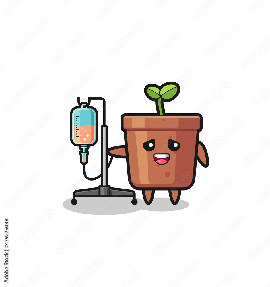 cute plant pot character standing with infusion pole cute plant pot character standing with infusion pole